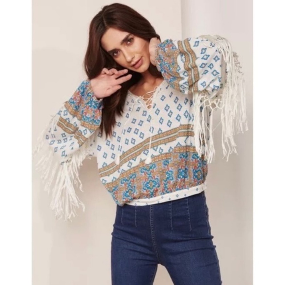 Free People Boho Macra Maze Me Fringe-Trim Top